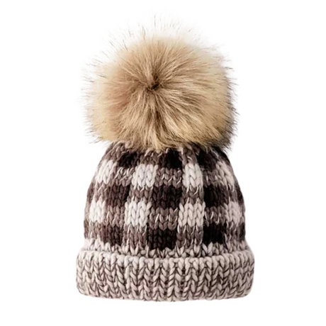 Grey Buffalo Check Pom Pom Beanie Hat - HoneyBug 