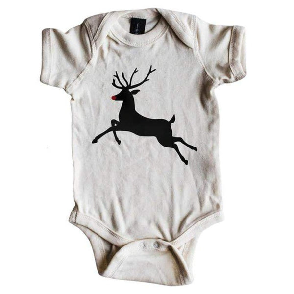 Cream Short Sleeve Rudolph The Reindeer Christmas Bodysuit - HoneyBug 