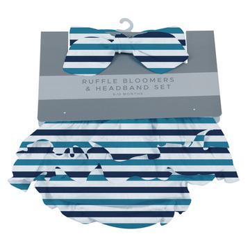 Blue and White Stripe Ruffle Bamboo Bloomer Headband Set - HoneyBug 